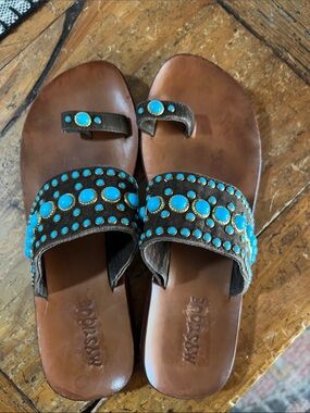 Mystique Boutique Brown Leather Slide Sandals with Turquoise Accents